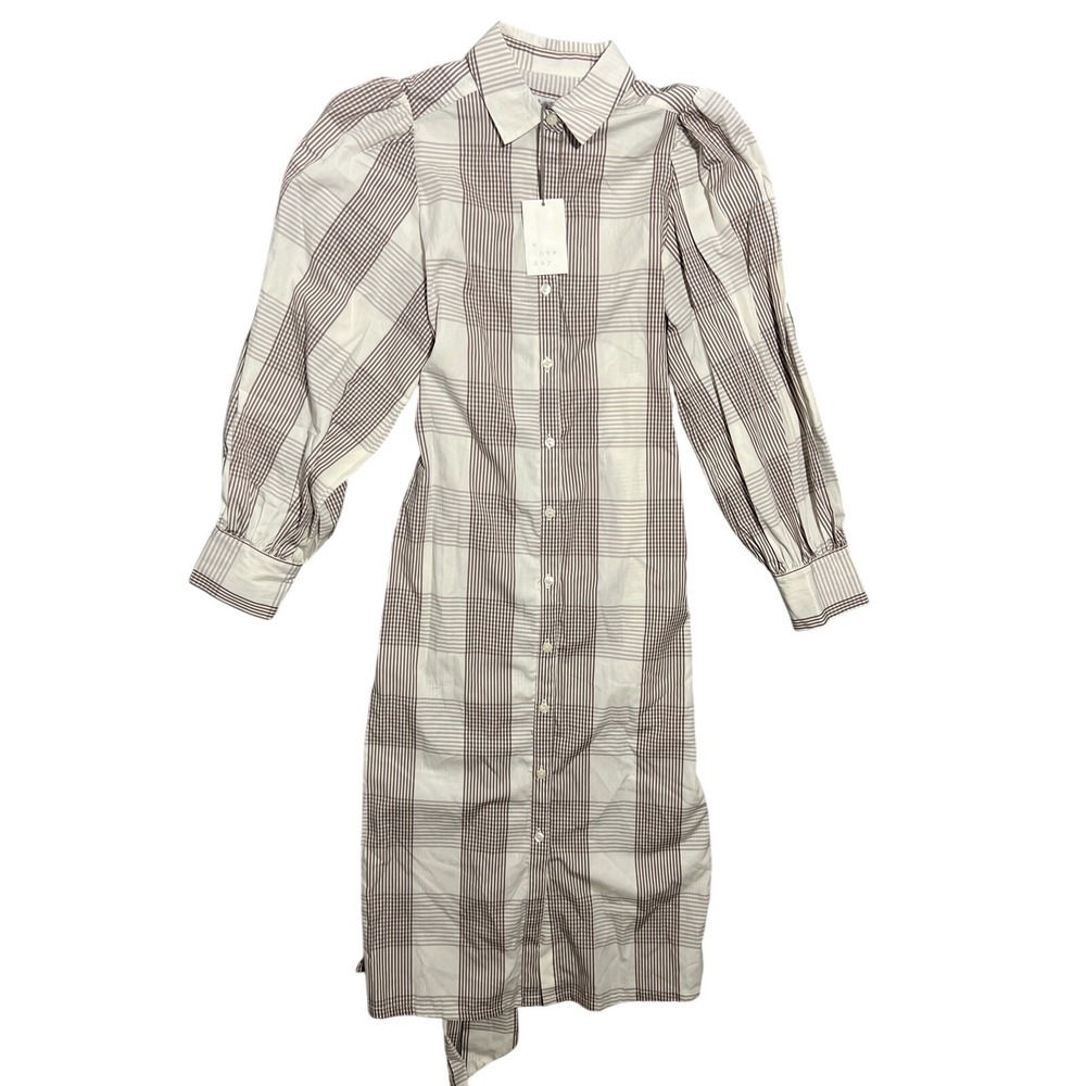 A New Day Women's Cream Brown Plaid Gingham Puff Sleeve Tie Waist Shirt Dress XS